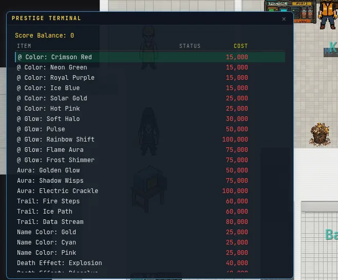 The PRESTIGE TERMINAL panel open in the warehouse: a score balance and a priced list of @ colours, glows, auras, trails, name colours and death effects
