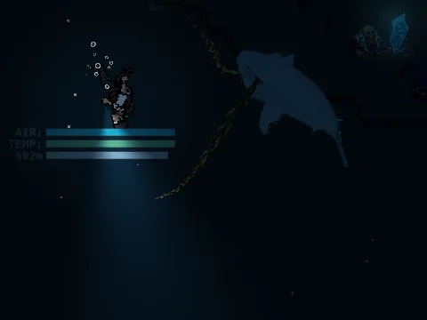 A diver in the Living Abyss with AIR, TEMP and depth gauges showing, a huge shape passing through the edge of the dive light