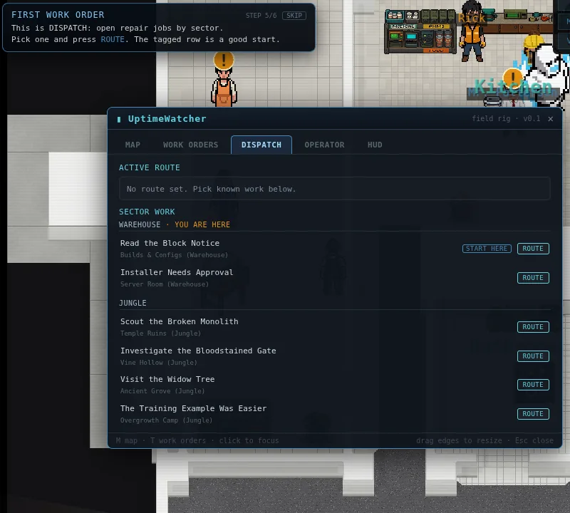 The UptimeWatcher laptop on its DISPATCH tab, listing Warehouse and Jungle sector work with a START HERE tag on Read the Block Notice