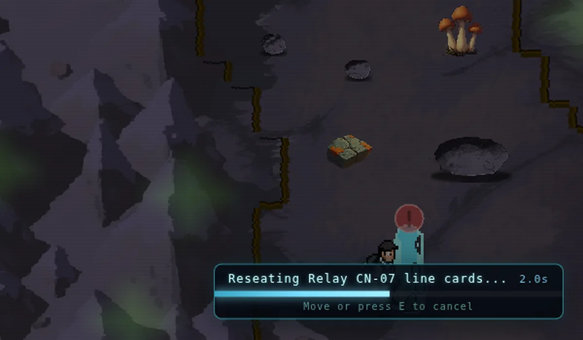 A technician in the dark Cave Network holding a repair channel: Reseating Relay CN-07 line cards, 2.0 seconds