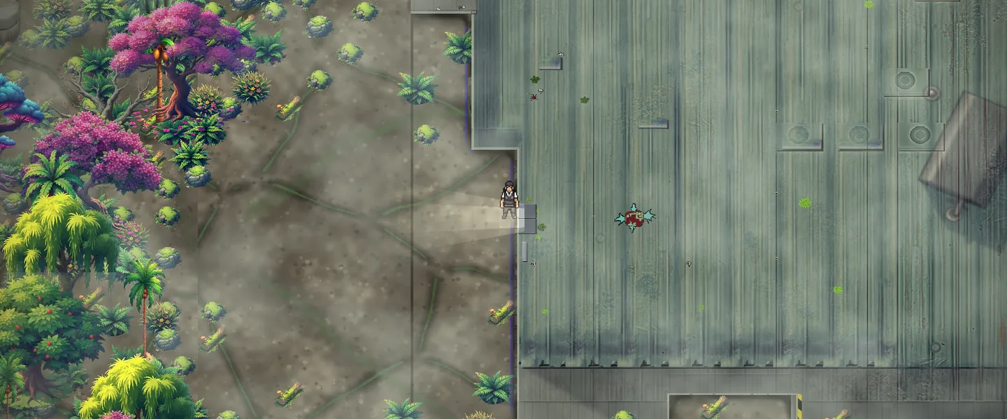A technician standing at the Warehouse front door, the Warehouse roof to the right and overgrown Jungle to the left