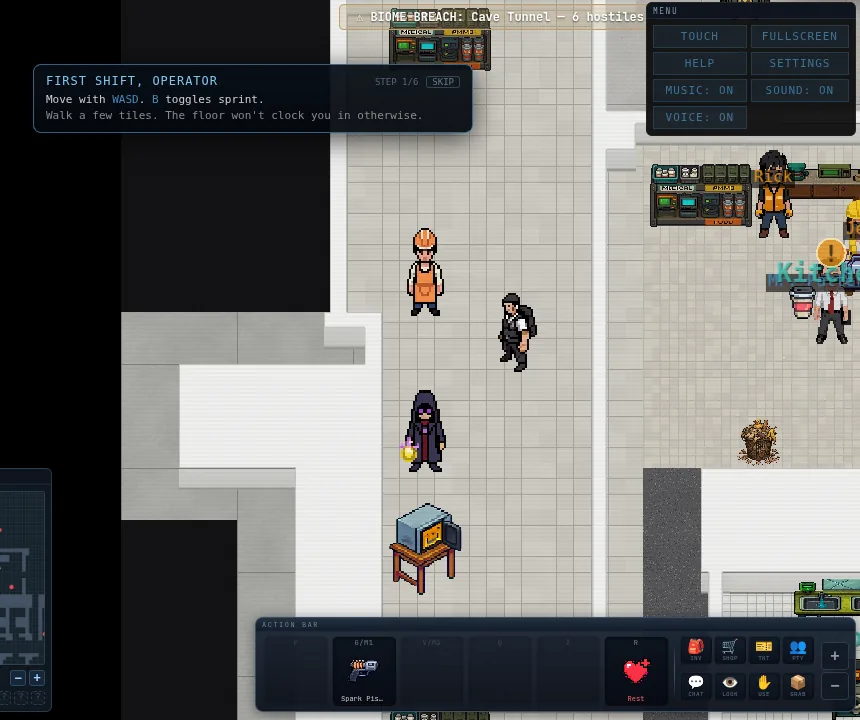 Break room on a new character's first shift, with the onboarding coach panel reading STEP 1/6, First shift, operator