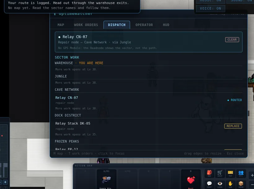DISPATCH with Relay CN-07 routed, the active route listed at the top of the tab