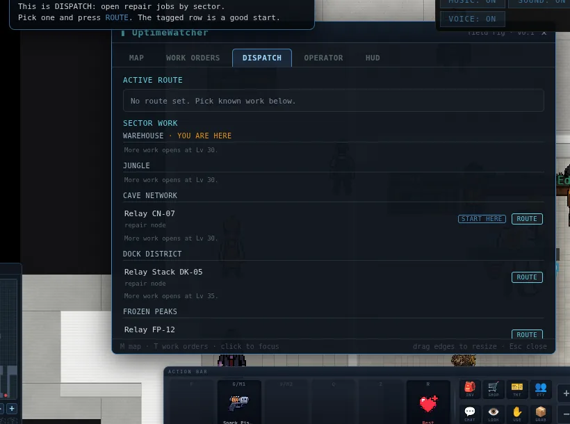 UptimeWatcher laptop on the DISPATCH tab, with a START HERE tag on the Relay CN-07 repair node in the Cave Network