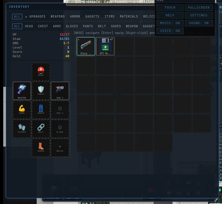 Inventory window: paper doll with equipped gear, a gold comparison star on an upgrade in the bag, and a GPS Module in the grid