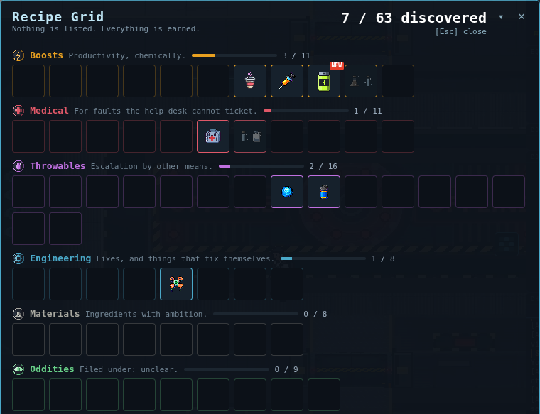 The Recipe Grid: 7 of 63 discovered. The Boosts row shows the Energy Drink square known with its icon, the Cold Brew square hinted with faded ingredient icons, and the Overclock Shot square still dark.