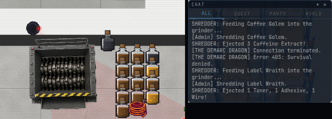 The shredder on the receiving dock with a stack of substance vials on the floor beside its chute, and the chat log: SHREDDER, Ejected 3 Caffeine Extract, then Ejected 1 Toner, 1 Adhesive, 1 Wire.