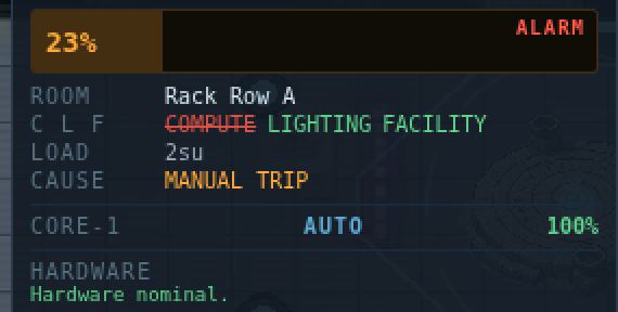 The Engineer’s Room Panel readout for Rack Row A: the battery at 23 per cent with ALARM, Compute struck through, Lighting and Facility on, load 2su, cause MANUAL TRIP.