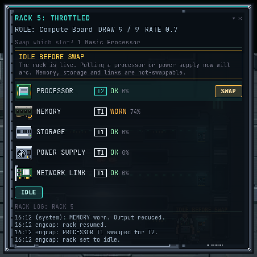 The rack card for Rack 5: THROTTLED, DRAW 9 / 9, RATE 0.7, an IDLE BEFORE SWAP warning, five slots with the processor at T2 and the memory WORN at 74 per cent, and the rack log.