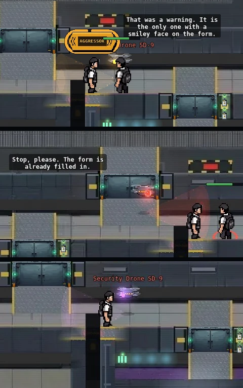 Security Drone SD-9 three times on the station ring, one frame above the other: its lamp amber beside a player tagged AGGRESSOR, red while it locks on to a player, purple during a firmware storm.