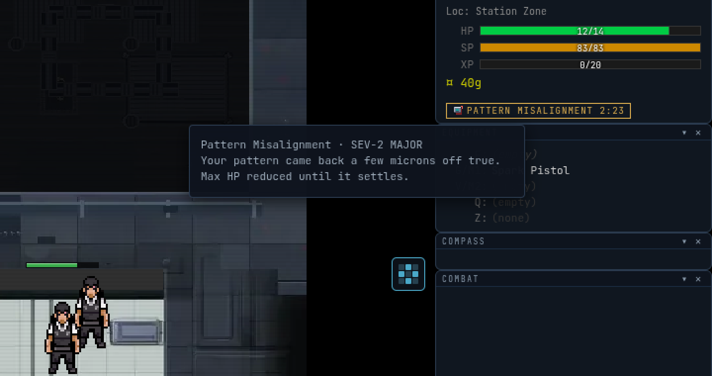A patient standing beside bed 1 in the Medic Lab. Their HUD shows the fault tag PATTERN MISALIGNMENT 2:23, and hovering it opens the tooltip: Pattern Misalignment, SEV-2 MAJOR, your pattern came back a few microns off true, max HP reduced until it settles.
