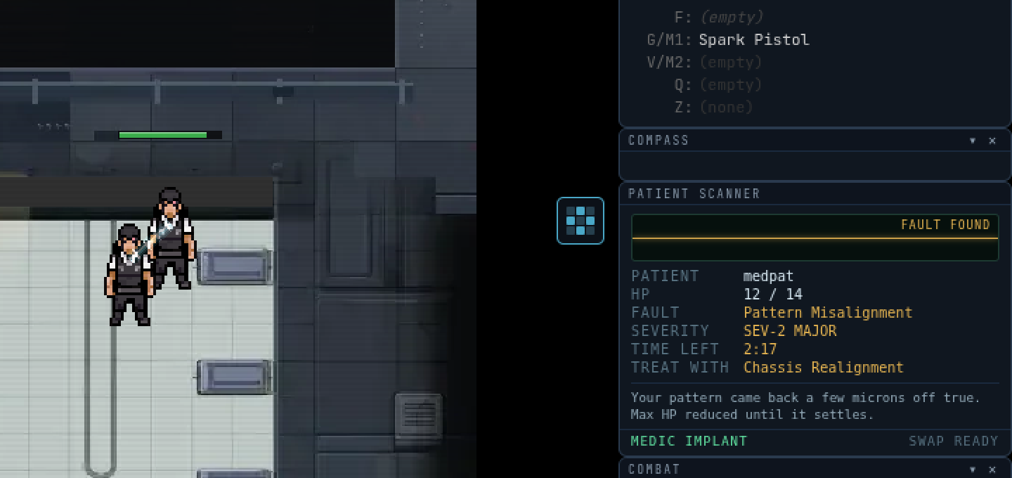 A medic with the Medical implant beside bed 1. The Patient Scanner panel reads FAULT FOUND; patient medpat, HP 12 of 14, fault Pattern Misalignment, severity SEV-2 MAJOR, time left 2:17, treat with Chassis Realignment.