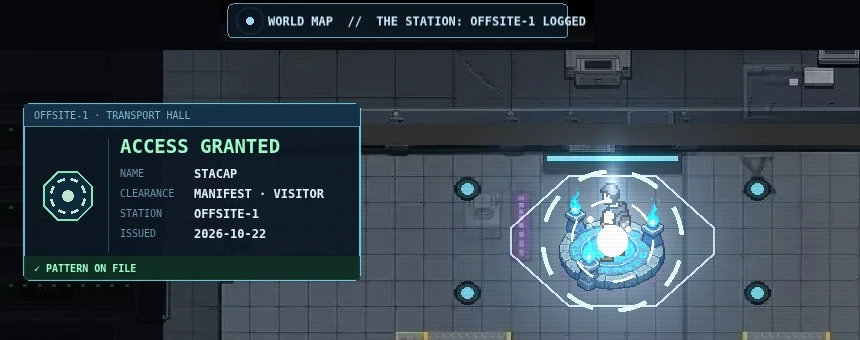 The ACCESS GRANTED card on a first arrival, beside the lit portal, with the world map toast above it.