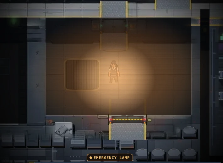 A player arriving in the Supply dock with its Lighting out: a dark room, a warm pool of light around the player and an EMERGENCY LAMP tag at the bottom of the screen.