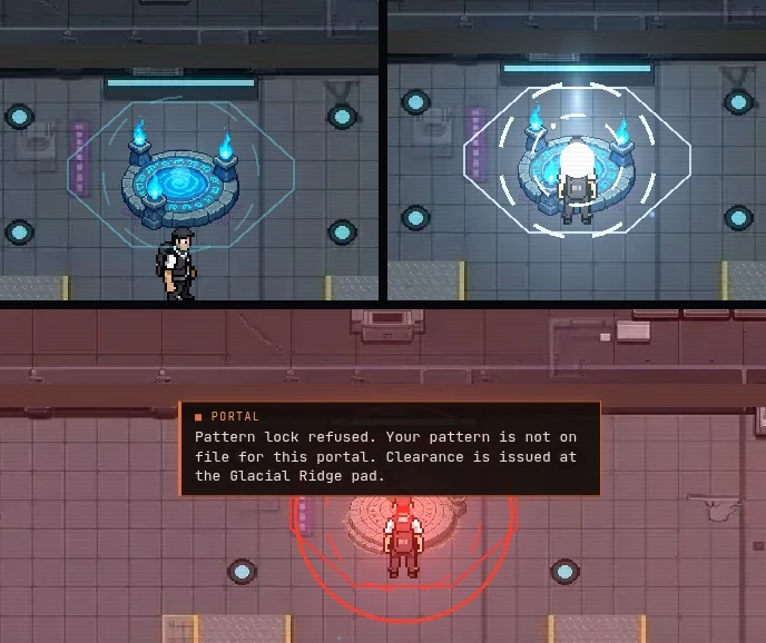 The station portal three times: idle with a teal halo, charging with a light column over a player on the pad, and refused with a red flash and the refusal line.