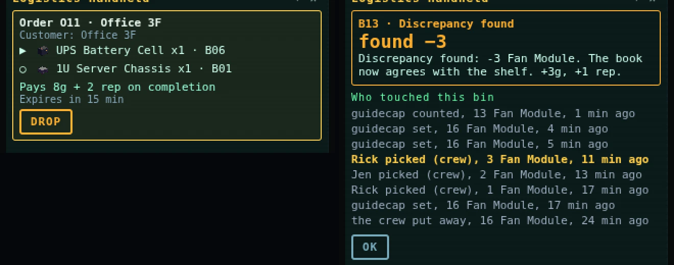 Two handheld screens: a claimed pick order with two lines, and a count result reading Discrepancy found with the Who touched this bin list.