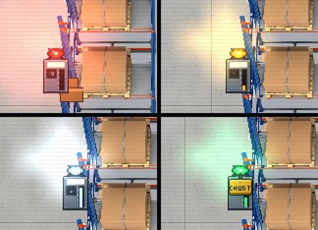 Four bin plates from one rack aisle: a red lamp, an amber lamp, a pale blue lamp and a green lamp with a COUNT tag below it.